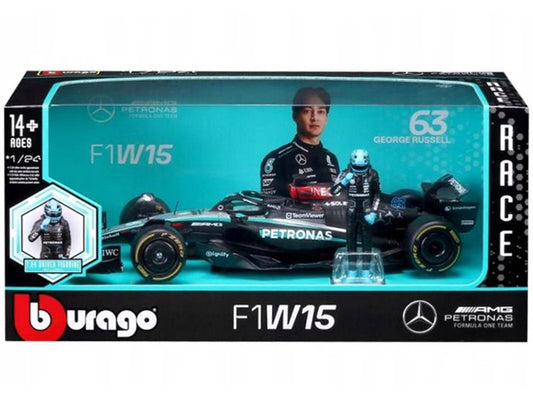Mercedes-AMG F1 W15 E Performance #63 George Russell "Petronas" Formula One F1 Championship World Championship (2024) with Driver Figure 1/24 Diecast Model Car by Bburago by Bburago