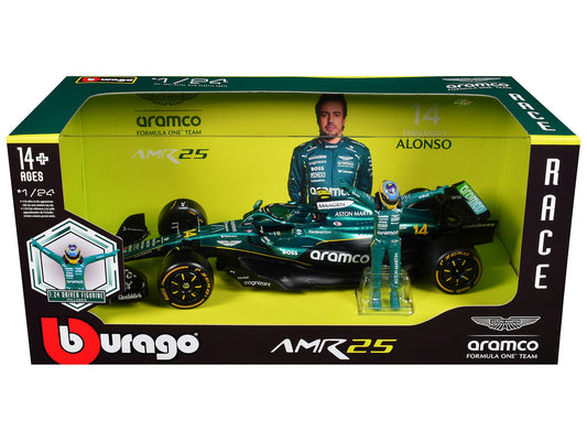 Aston Martin AMR25 #14 Fernando Alonso "Aramco" Formula One F1 "World Championship" (2025) with Driver Figure 1/24 Diecast Model Car by Bburago by Bburago