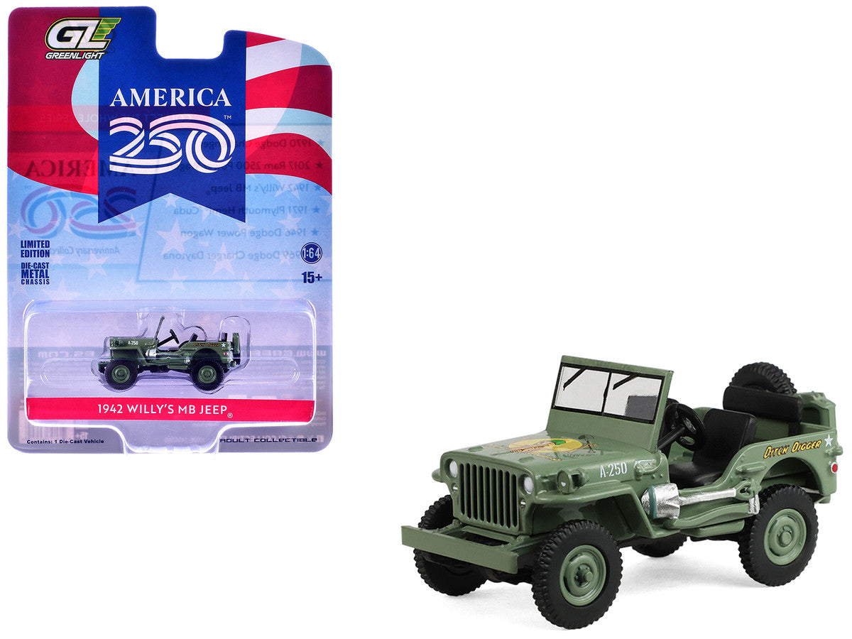 1942 Willy’s MB Jeep Olive Green "America 250 Edition" "Anniversary Collection" Series 18 1/64 Diecast Model Car by Greenlight by Greenlight