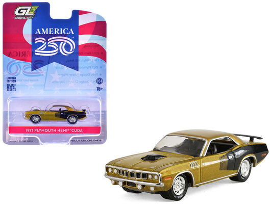 1971 Plymouth Hemi ‘Cuda Gold Metallic with Black Accents "America 250 Edition" "Anniversary Collection" Series 18 1/64 Diecast Model Car by Greenlight by Greenlight