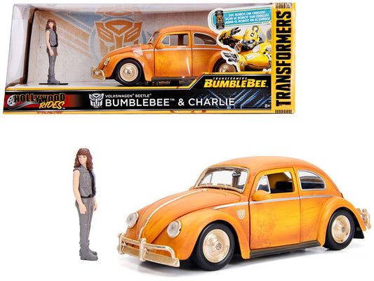Volkswagen Beetle Weathered Yellow with Robot on Chassis and Charlie Diecast Figurine "Bumblebee" (2018) Movie ("Transformers" Series) "Hollywood Rides" Series 1/24 Diecast Model Car by Jada by Jada