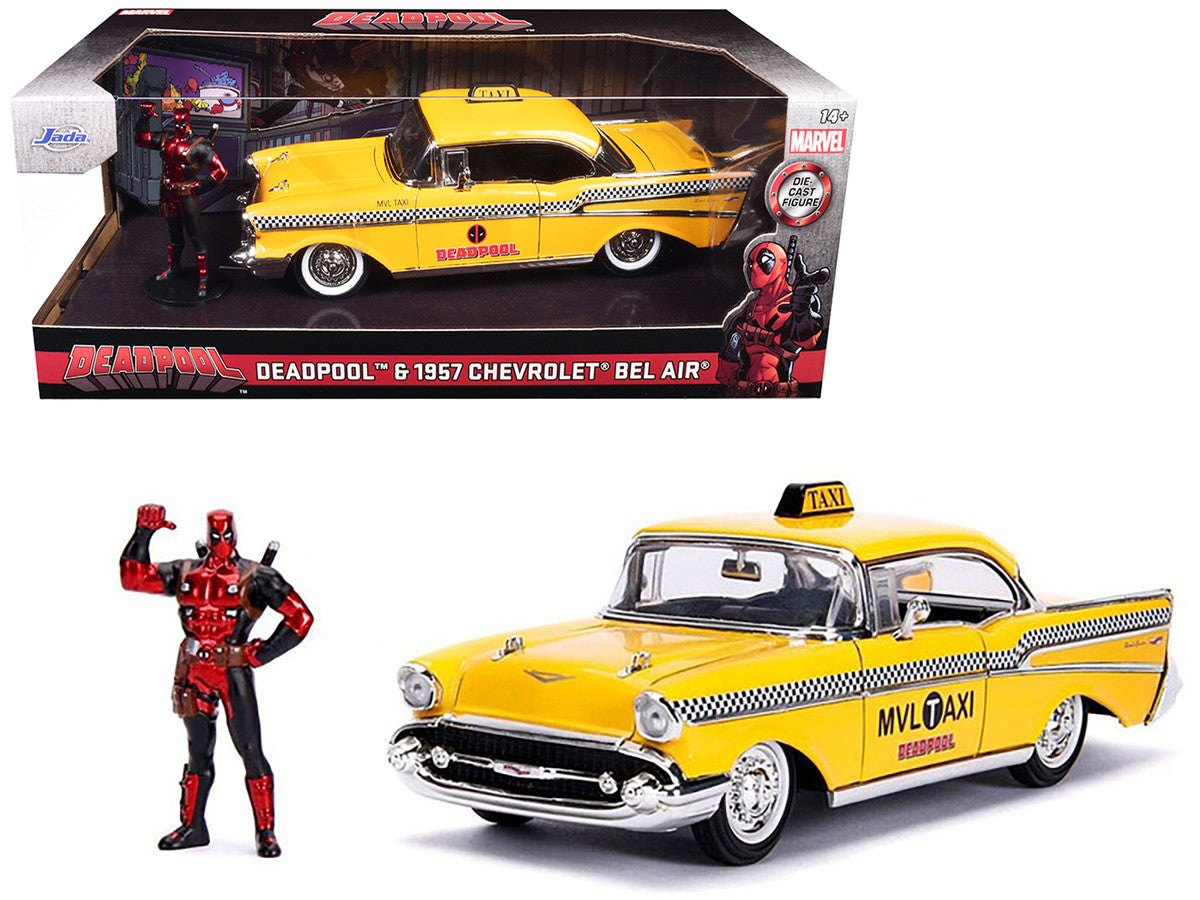 1957 Chevrolet Bel Air Taxi Yellow with Deadpool Diecast Figurine "Marvel" Series 1/24 Diecast Model Car by Jada by Jada
