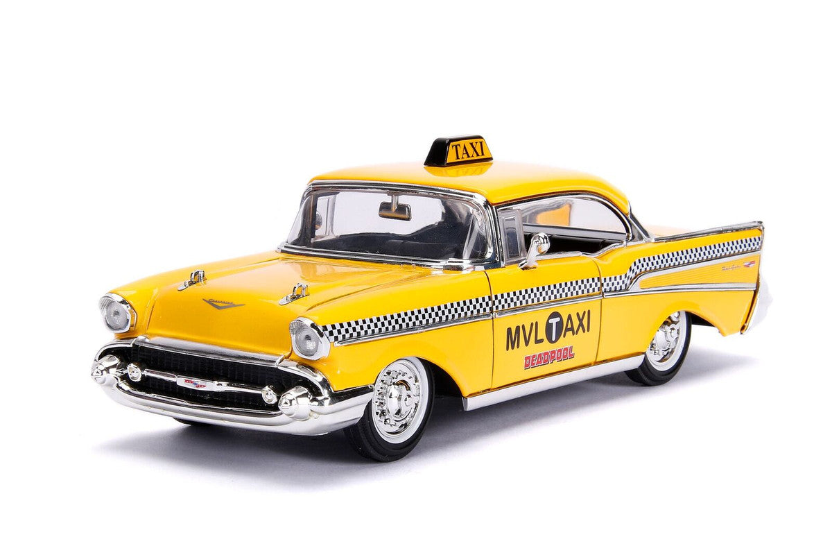 1957 Chevrolet Bel Air Taxi Yellow with Deadpool Diecast Figurine "Marvel" Series 1/24 Diecast Model Car by Jada by Jada