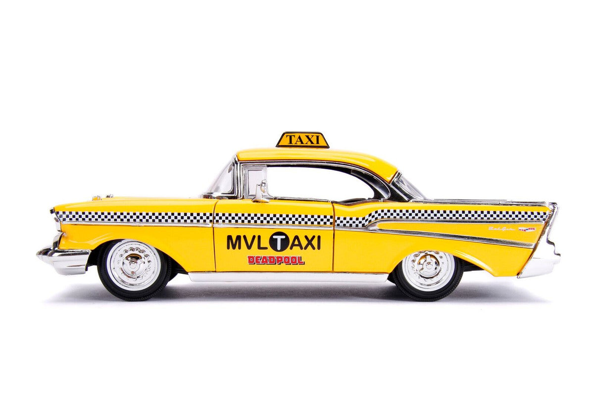 1957 Chevrolet Bel Air Taxi Yellow with Deadpool Diecast Figurine "Marvel" Series 1/24 Diecast Model Car by Jada by Jada