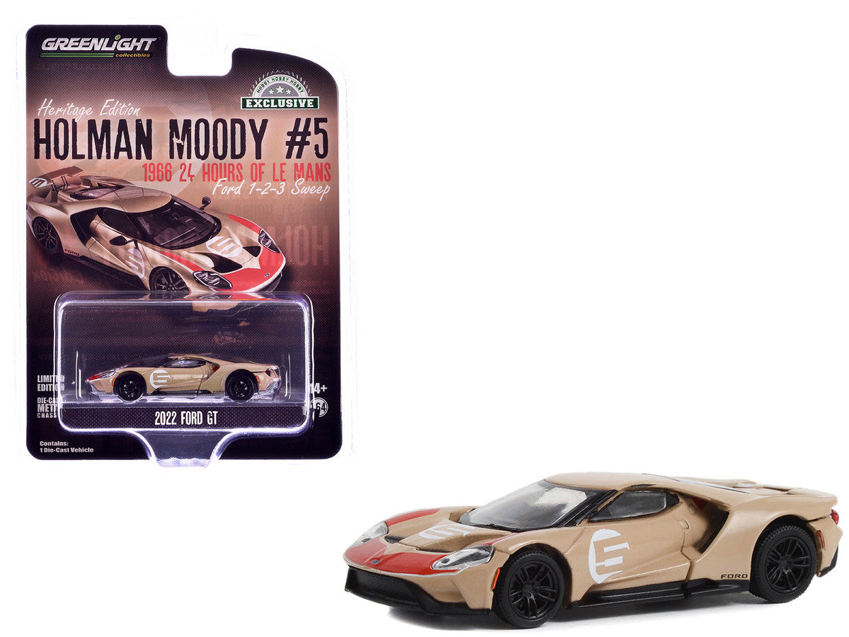 2022 Ford GT Heritage Edition #5 Holman-Moody "1966 24 Hours of Le Mans Ford 1-2-3 Sweep Tribute" Gold Metallic with Red Accents "Hobby Exclusive" Series 1/64 Diecast Model Car by Greenlight by Greenlight