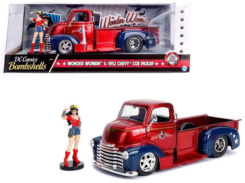 1952 Chevrolet COE Pickup Truck Candy Red and Blue with Wonder Woman Diecast Figure "DC Comics Bombshells" Series "Hollywood Rides" 1/24 Diecast Model Car by Jada by Jada