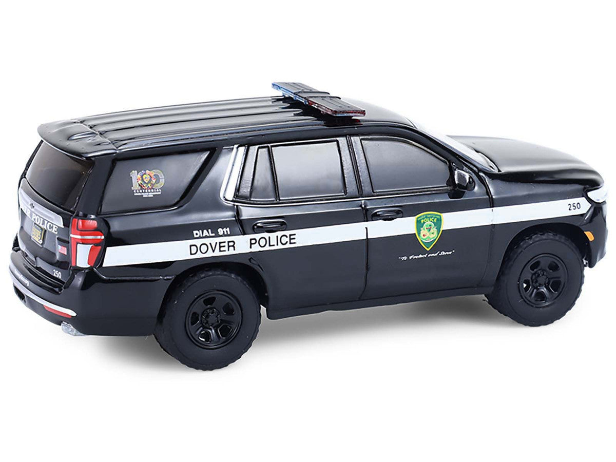 2024 Chevrolet Tahoe Police Pursuit Vehicle "Dover Police – 100th Anniversary Edition" Black with White Stripes "Hobby Exclusive" Series 1/64 Diecast Model Car by Greenlight by Greenlight