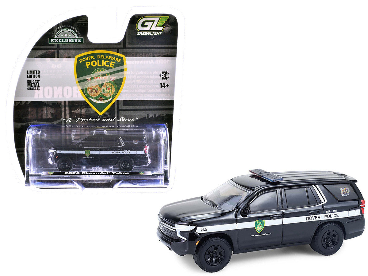 2024 Chevrolet Tahoe Police Pursuit Vehicle "Dover Police – 100th Anniversary Edition" Black with White Stripes "Hobby Exclusive" Series 1/64 Diecast Model Car by Greenlight by Greenlight