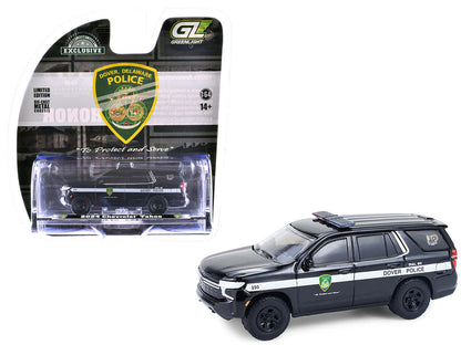 2024 Chevrolet Tahoe Police Pursuit Vehicle "Dover Police – 100th Anniversary Edition" Black with White Stripes "Hobby Exclusive" Series 1/64 Diecast Model Car by Greenlight by Greenlight