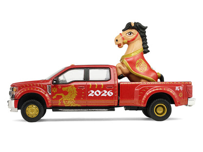 2022 Ford F-450 Dually Pickup Truck "Chinese Zodiac 2026 Year of the Horse" Red with Gold Graphics and Horse Figure "Hobby Exclusive" Series 1/64 Diecast Model Car by Greenlight by Greenlight