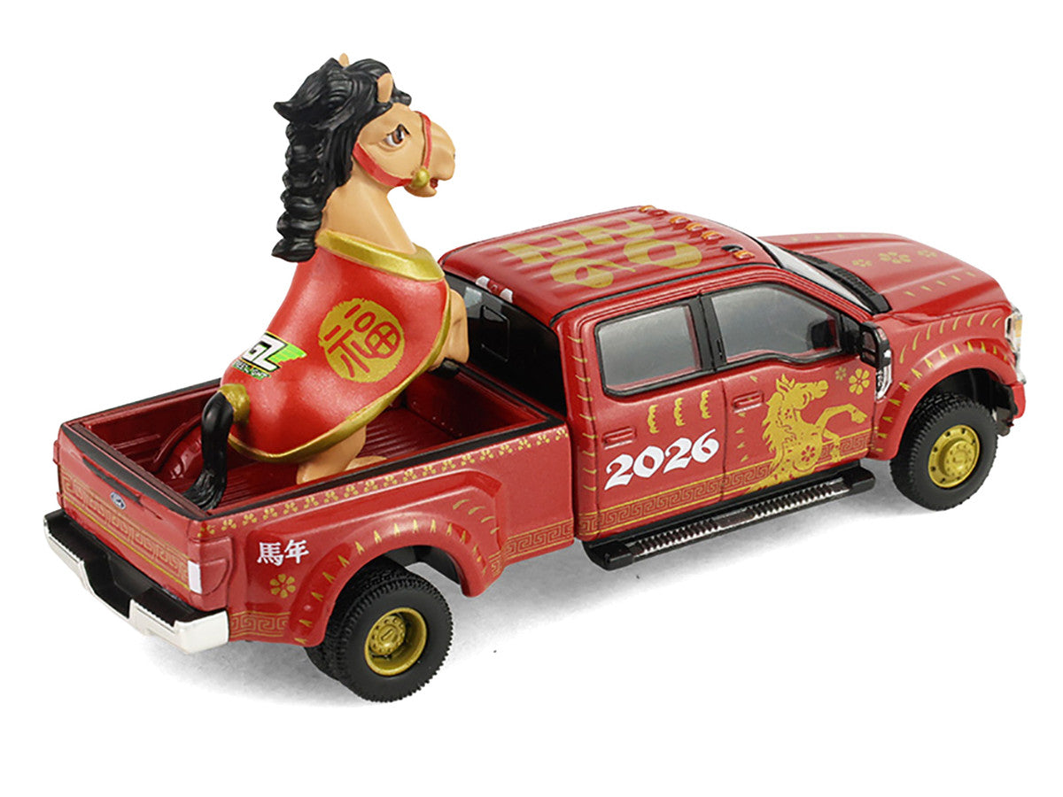 2022 Ford F-450 Dually Pickup Truck "Chinese Zodiac 2026 Year of the Horse" Red with Gold Graphics and Horse Figure "Hobby Exclusive" Series 1/64 Diecast Model Car by Greenlight by Greenlight