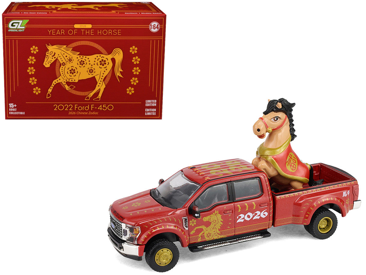 2022 Ford F-450 Dually Pickup Truck "Chinese Zodiac 2026 Year of the Horse" Red with Gold Graphics and Horse Figure "Hobby Exclusive" Series 1/64 Diecast Model Car by Greenlight by Greenlight
