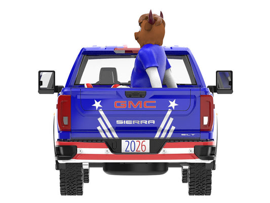 2022 GMC Sierra 3500 HD Pickup Truck Blue with American Soccer Graphics with Bison Figure "International Soccer Celebration '26" Series 1/64 Diecast Model Car by Greenlight by Greenlight