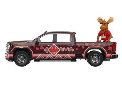 2022 GMC Sierra 3500 HD Pickup Truck Dark Red with Canadian Soccer Graphics with Moose Figure "International Soccer Celebration '26" Series 1/64 Diecast Model Car by Greenlight by Greenlight