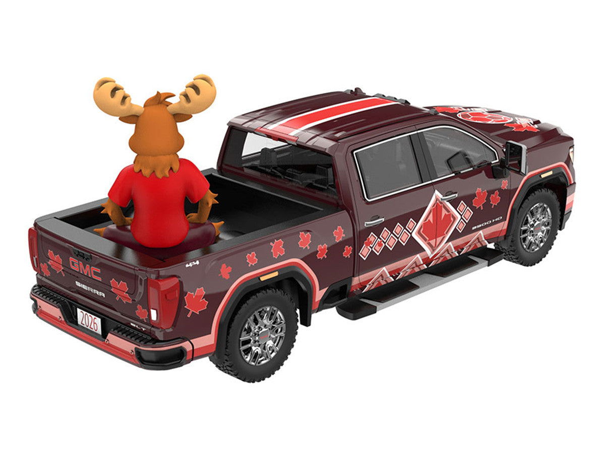 2022 GMC Sierra 3500 HD Pickup Truck Dark Red with Canadian Soccer Graphics with Moose Figure "International Soccer Celebration '26" Series 1/64 Diecast Model Car by Greenlight by Greenlight
