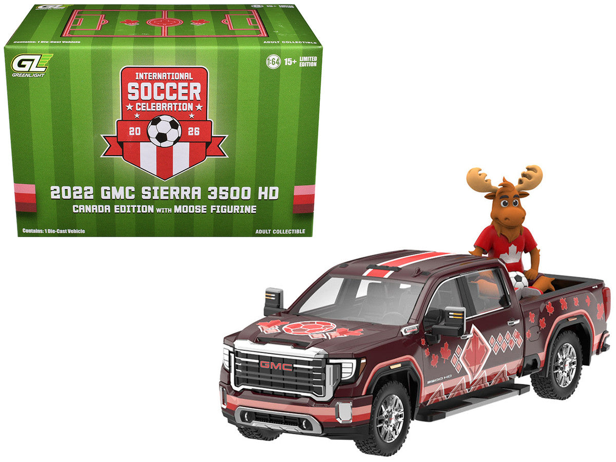 2022 GMC Sierra 3500 HD Pickup Truck Dark Red with Canadian Soccer Graphics with Moose Figure "International Soccer Celebration '26" Series 1/64 Diecast Model Car by Greenlight by Greenlight