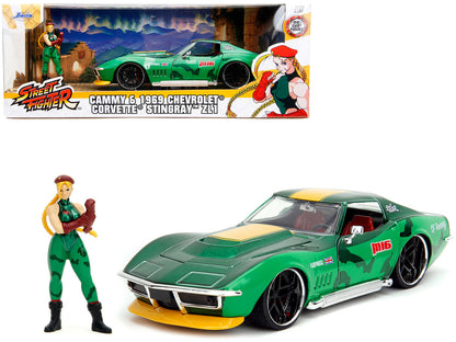 1969 Chevrolet Corvette Stingray ZL1 Green Metallic with Yellow Stripes and Cammy Diecast Figure "Street Fighter" Video Game "Anime Hollywood Rides" Series 1/24 Diecast Model Car by Jada by Jada