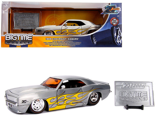 1969 Chevrolet Camaro Raw Metal with Yellow Flames "Bigtime Muscle" "Jada 20th Anniversary" 1/24 Diecast Model Car by Jada by Jada