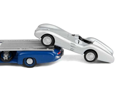 Mercedes-Benz Renntransporter Flatbed Truck Blue and 1954 Mercedes-Benz W196 #1 Silver Metallic 1/64 Diecast Model Car by Norev by Norev