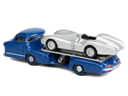 Mercedes-Benz Renntransporter Flatbed Truck Blue and 1954 Mercedes-Benz W196 #1 Silver Metallic 1/64 Diecast Model Car by Norev by Norev