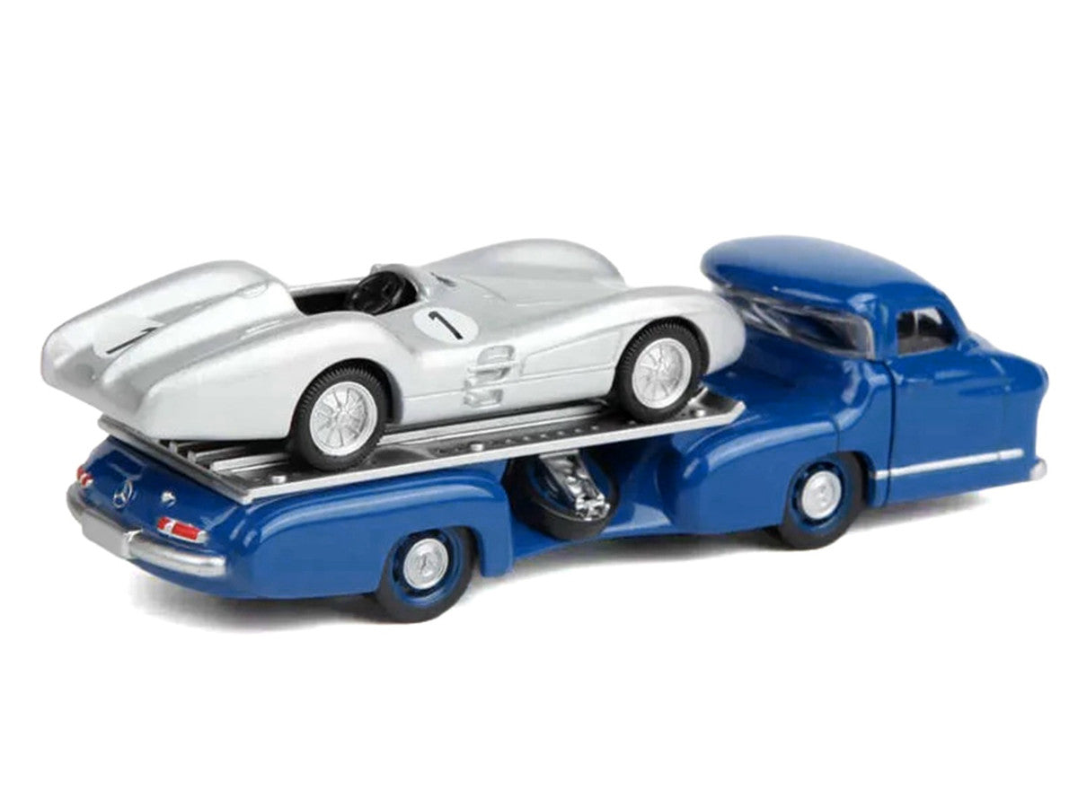 Mercedes-Benz Renntransporter Flatbed Truck Blue and 1954 Mercedes-Benz W196 #1 Silver Metallic 1/64 Diecast Model Car by Norev by Norev