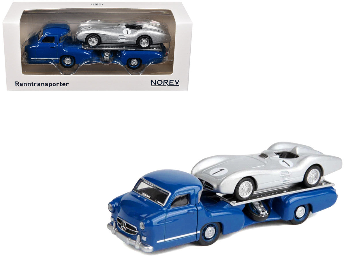 Mercedes-Benz Renntransporter Flatbed Truck Blue and 1954 Mercedes-Benz W196 #1 Silver Metallic 1/64 Diecast Model Car by Norev by Norev