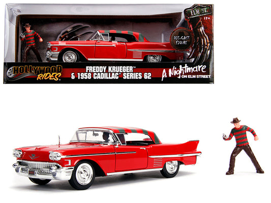 1958 Cadillac Series 62 Red with Freddy Krueger Diecast Figurine "A Nightmare on Elm Street" Movie 1/24 Diecast Model Car by Jada by Jada