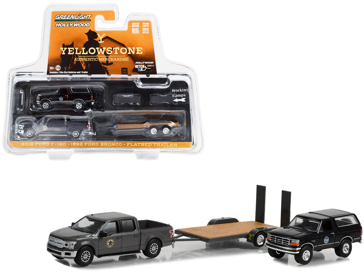 2018 Ford F-150 Pickup Truck Gray with 1992 Ford Bronco "Montana Livestock Association" Black and Flatbed Car Trailer "Yellowstone" (2018-Current) TV Series "Hollywood Hitch & Tow" Series 11 1/64 Diecast Model Cars by Greenlight by Greenlight