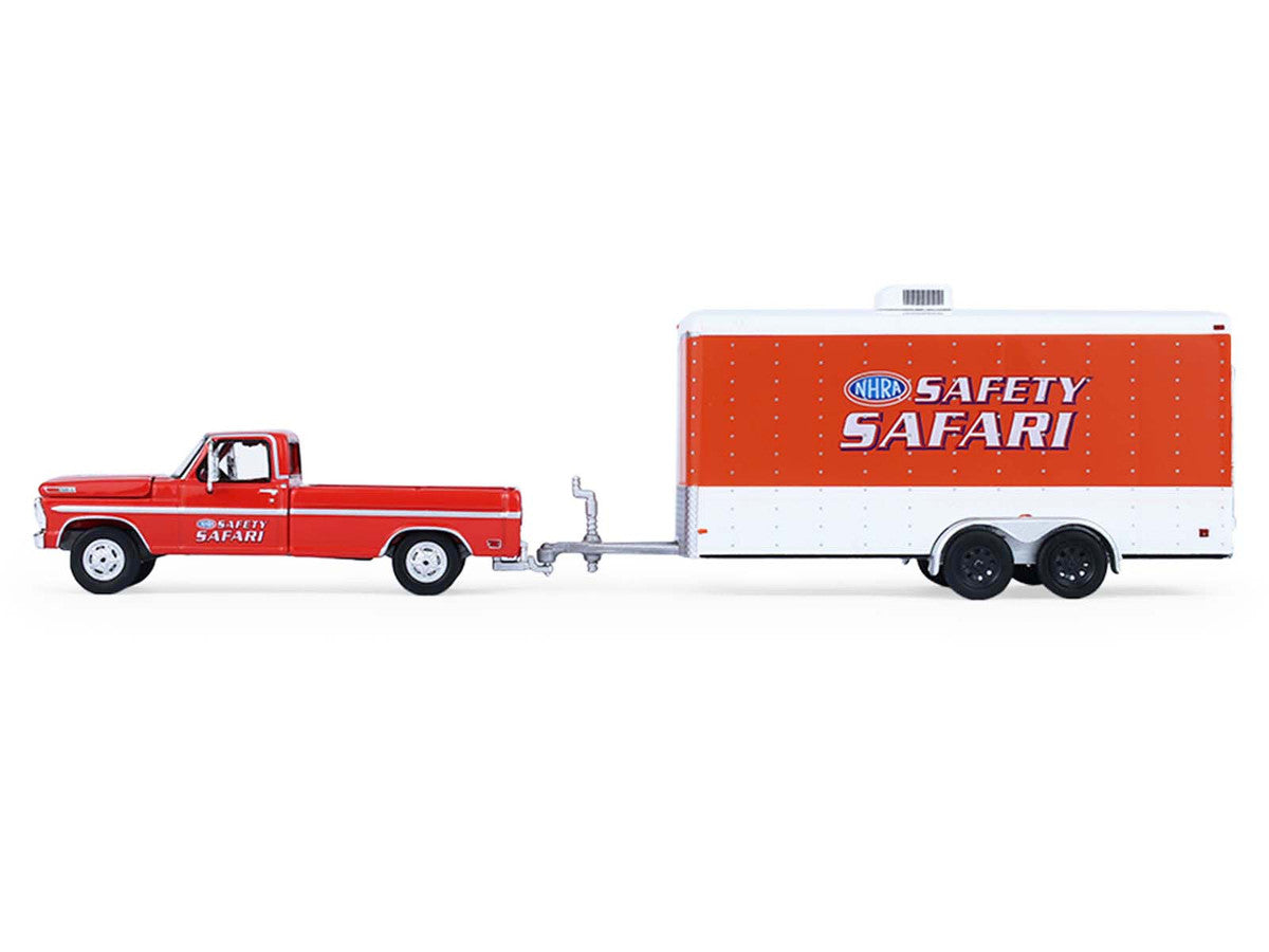1969 Ford F-250 Pickup Truck Red and 1969 Chevrolet Camaro Z28 "Dan Fletcher" Orange with White Hood "NHRA Safety Team" with Enclosed Car Trailer "Racing Hitch & Tow" Series 6 1/64 Diecast Model Cars by Greenlight by Greenlight