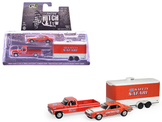 1969 Ford F-250 Pickup Truck Red and 1969 Chevrolet Camaro Z28 "Dan Fletcher" Orange with White Hood "NHRA Safety Team" with Enclosed Car Trailer "Racing Hitch & Tow" Series 6 1/64 Diecast Model Cars by Greenlight by Greenlight