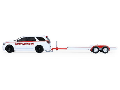 2018 Dodge Durango White with Red Stripes and 2021 Dodge Challenger SRT White with Red Stripes "Ramchargers" with Flatbed Trailer "Racing Hitch & Tow" Series 6 1/64 Diecast Model Cars by Greenlight by Greenlight