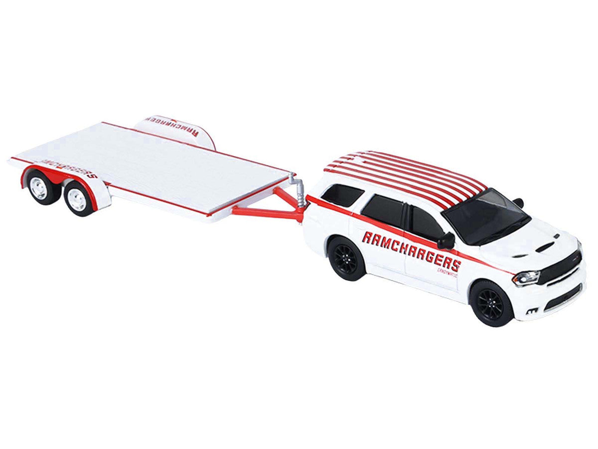 2018 Dodge Durango White with Red Stripes and 2021 Dodge Challenger SRT White with Red Stripes "Ramchargers" with Flatbed Trailer "Racing Hitch & Tow" Series 6 1/64 Diecast Model Cars by Greenlight by Greenlight