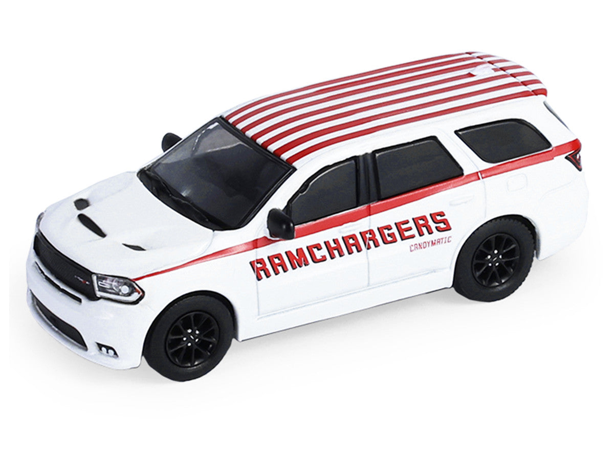 2018 Dodge Durango White with Red Stripes and 2021 Dodge Challenger SRT White with Red Stripes "Ramchargers" with Flatbed Trailer "Racing Hitch & Tow" Series 6 1/64 Diecast Model Cars by Greenlight by Greenlight