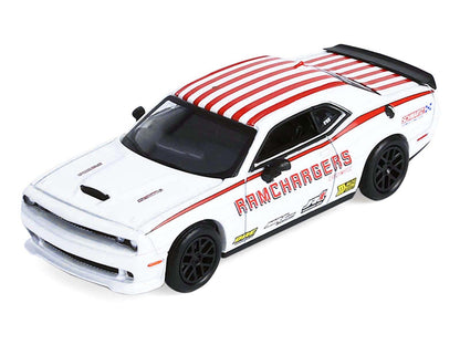 2018 Dodge Durango White with Red Stripes and 2021 Dodge Challenger SRT White with Red Stripes "Ramchargers" with Flatbed Trailer "Racing Hitch & Tow" Series 6 1/64 Diecast Model Cars by Greenlight by Greenlight