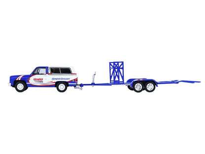 1986 Chevrolet K5 Blazer Blue and White and 1969 Chevrolet Camaro #5 Blue and White "Kyle Larson - Hendrick Motorsports" with Tandem Car Trailer "Racing Hitch & Tow" Series 6 1/64 Diecast Model Cars by Greenlight by Greenlight