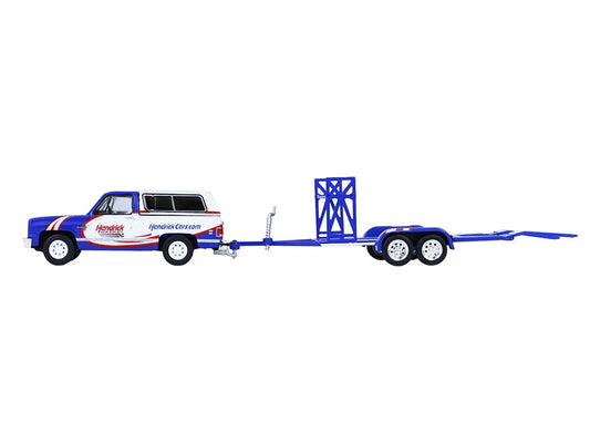 1986 Chevrolet K5 Blazer Blue and White and 1969 Chevrolet Camaro #5 Blue and White "Kyle Larson - Hendrick Motorsports" with Tandem Car Trailer "Racing Hitch & Tow" Series 6 1/64 Diecast Model Cars by Greenlight by Greenlight