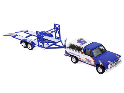 1986 Chevrolet K5 Blazer Blue and White and 1969 Chevrolet Camaro #5 Blue and White "Kyle Larson - Hendrick Motorsports" with Tandem Car Trailer "Racing Hitch & Tow" Series 6 1/64 Diecast Model Cars by Greenlight by Greenlight