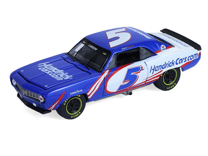 1986 Chevrolet K5 Blazer Blue and White and 1969 Chevrolet Camaro #5 Blue and White "Kyle Larson - Hendrick Motorsports" with Tandem Car Trailer "Racing Hitch & Tow" Series 6 1/64 Diecast Model Cars by Greenlight by Greenlight