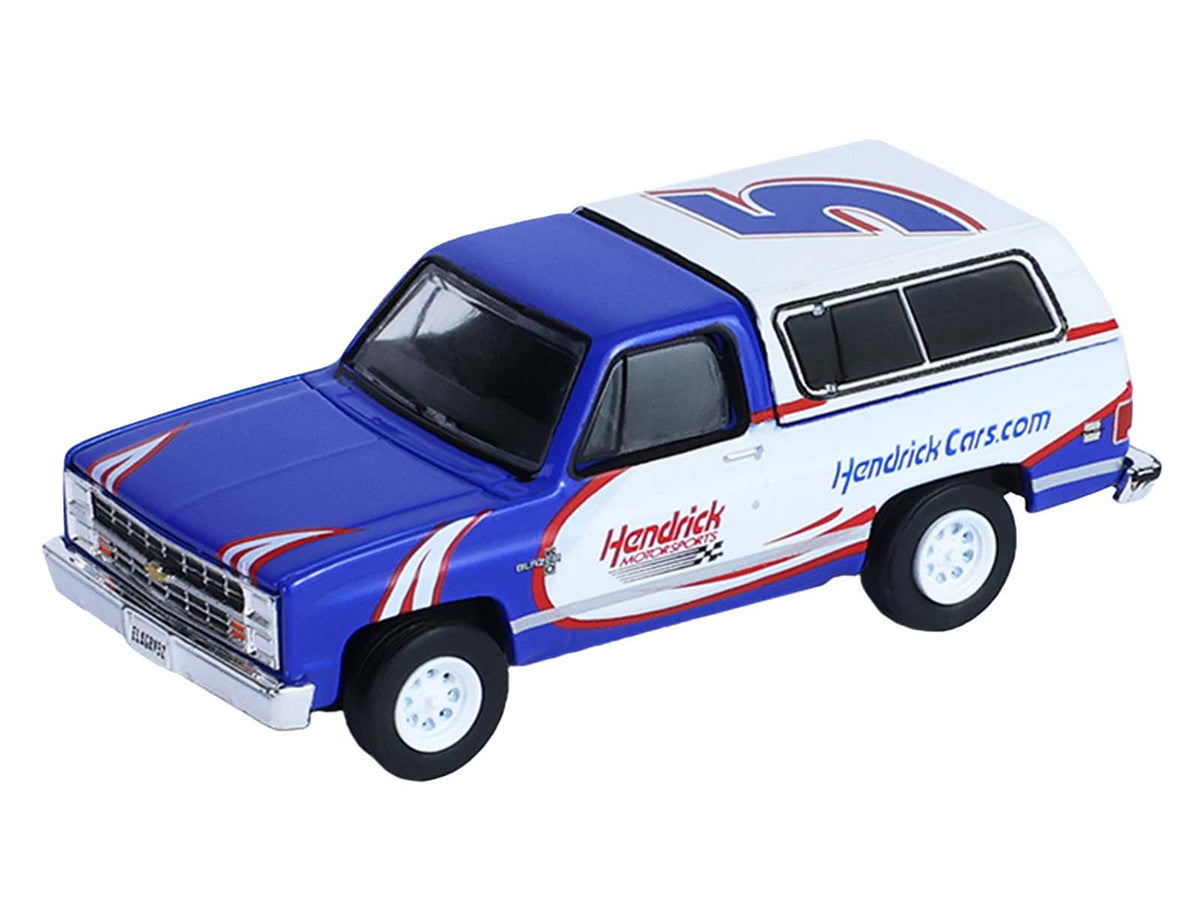 1986 Chevrolet K5 Blazer Blue and White and 1969 Chevrolet Camaro #5 Blue and White "Kyle Larson - Hendrick Motorsports" with Tandem Car Trailer "Racing Hitch & Tow" Series 6 1/64 Diecast Model Cars by Greenlight by Greenlight