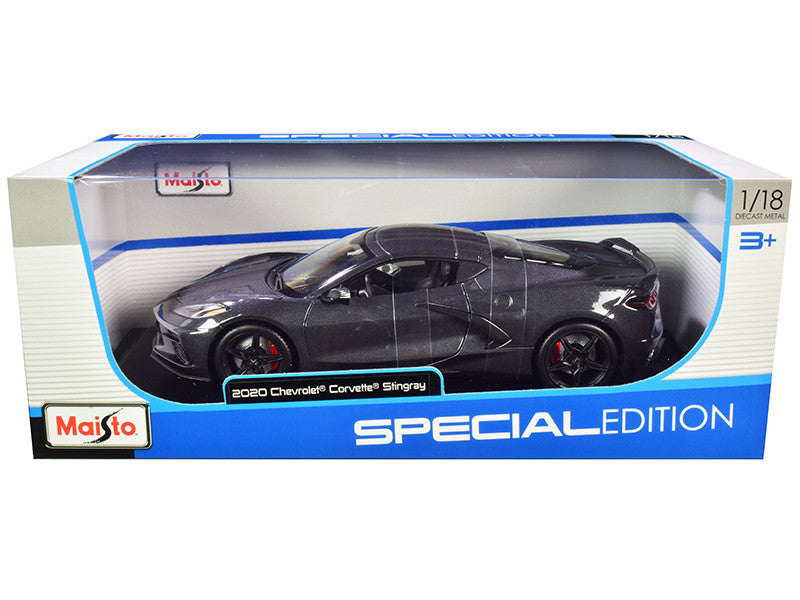 2020 Chevrolet Corvette Stingray C8 Dark Gray Metallic with Racing Stripes 1/18 Diecast Model Car by Maisto by Maisto