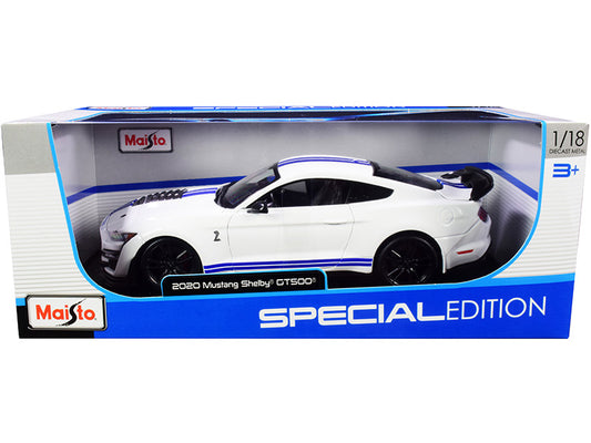 2020 Ford Mustang Shelby GT500 White with Blue Stripes "Special Edition" 1/18 Diecast Model Car by Maisto by Maisto