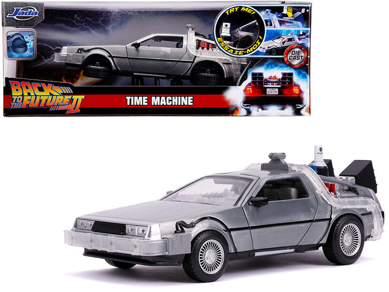 DeLorean Brushed Metal Time Machine with Lights (Flying Version) "Back to the Future Part II" (1989) Movie "Hollywood Rides" Series 1/24 Diecast Model Car by Jada by Jada