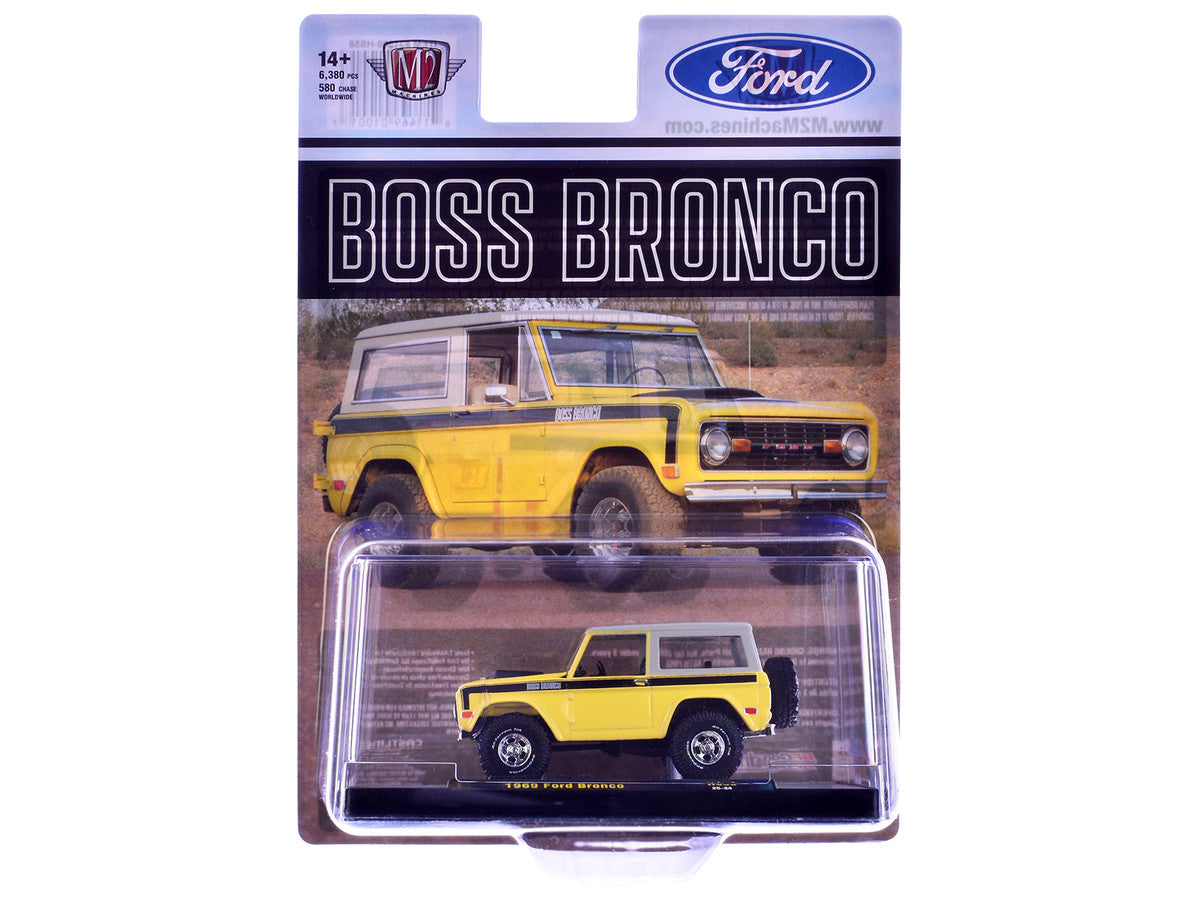 1969 Ford Bronco Yellow with Black Stripes and Gray Top Limited Edition to 6380 pieces Worldwide 1/64 Diecast Model Car by M2 Machines by M2