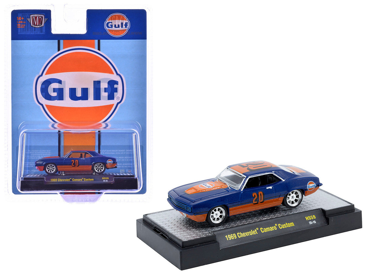 1969 Chevrolet Camaro Custom #20 "Gulf Oil" Dark Blue and Orange Limited Edition to 5500 pieces Worldwide 1/64 Diecast Model Car by M2 Machines by M2