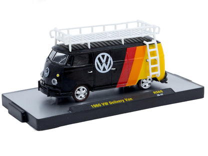 1960 Volkswagen Delivery Van Black with Stripes and White Roof Rack Limited Edition to 5280 pieces Worldwide 1/64 Diecast Model Car by M2 Machines by M2