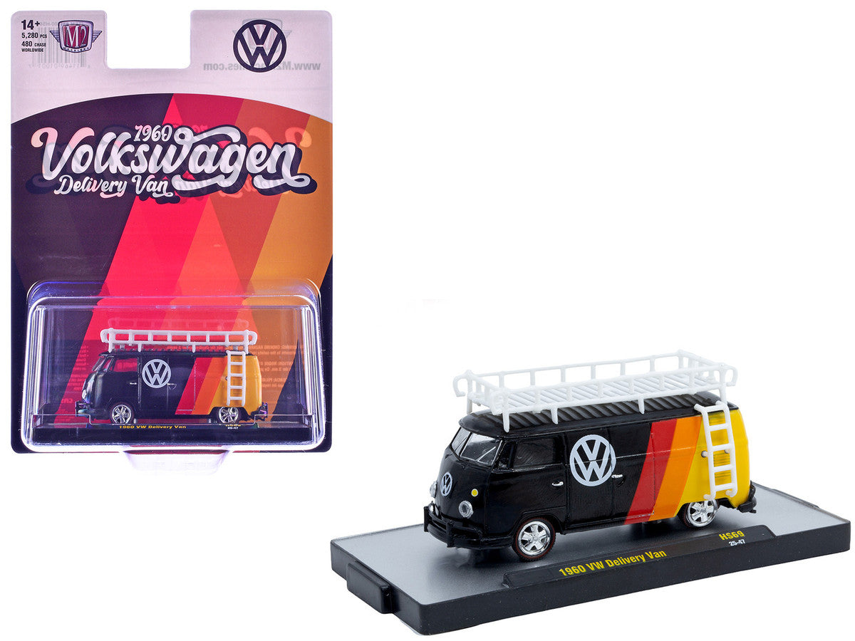 1960 Volkswagen Delivery Van Black with Stripes and White Roof Rack Limited Edition to 5280 pieces Worldwide 1/64 Diecast Model Car by M2 Machines by M2