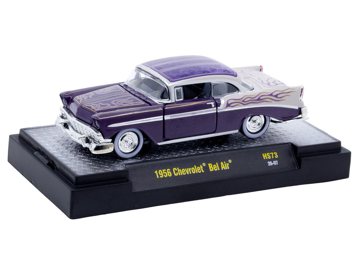 1956 Chevrolet Bel Air "Low and Slow" Purple Two-Tone with Graphics Limited Edition to 5500 pieces Worldwide 1/64 Diecast Model Car by M2 Machines by M2