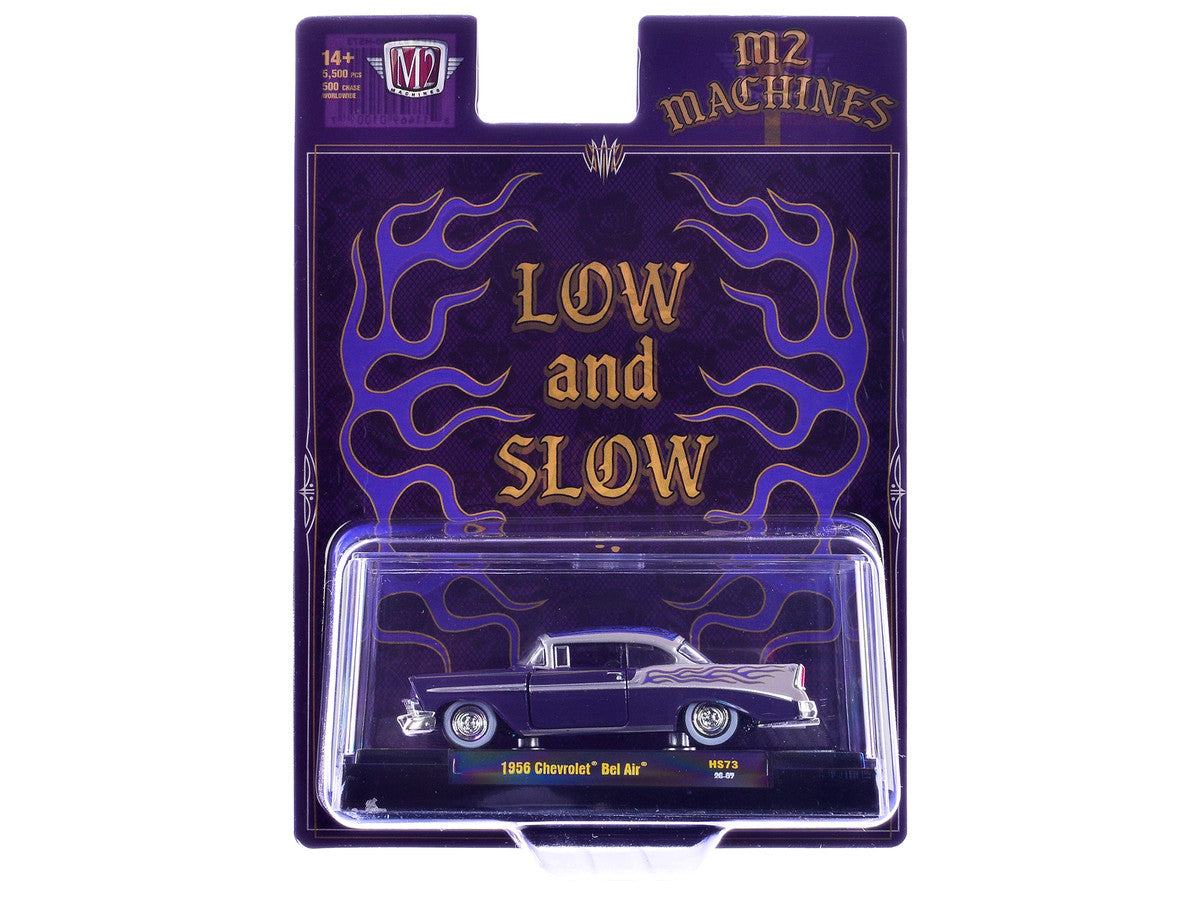 1956 Chevrolet Bel Air "Low and Slow" Purple Two-Tone with Graphics Limited Edition to 5500 pieces Worldwide 1/64 Diecast Model Car by M2 Machines by M2
