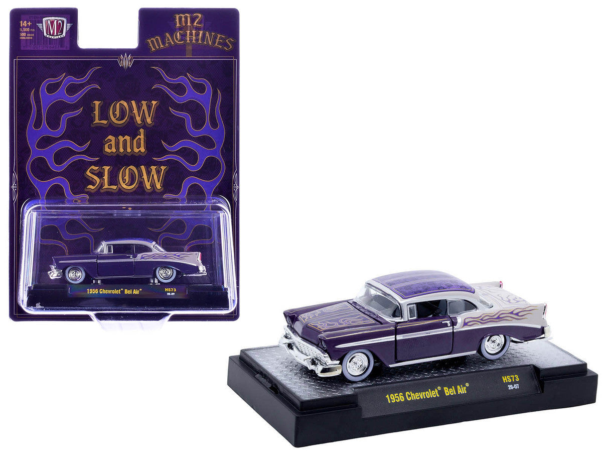 1956 Chevrolet Bel Air "Low and Slow" Purple Two-Tone with Graphics Limited Edition to 5500 pieces Worldwide 1/64 Diecast Model Car by M2 Machines by M2