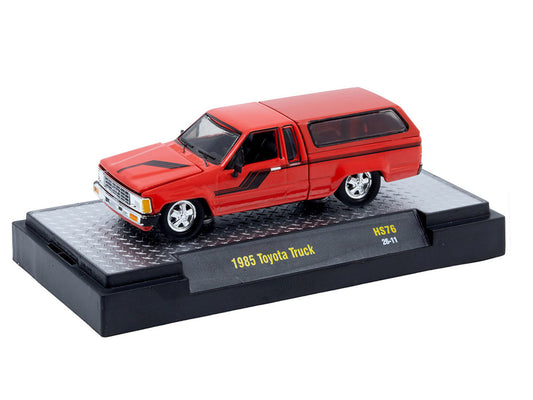 1985 Toyota SR5 Pickup Truck with Camper Shell Red with Black Stripes Limited Edition to 19844 pieces Worldwide 1/64 Diecast Model Car by M2 Machines by M2